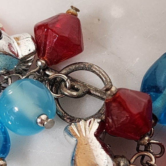 Art Glass Charm Bracelet Blue Red Silver Tone Toggle Beachy Fish Mixed Media - Picture 5 of 11